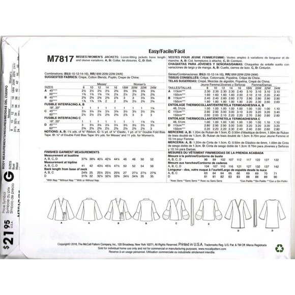McCall's M7817 Misses 8 to 16 Light Jacket 4 Variations Uncut Sewing Pattern - Picture 2 of 2